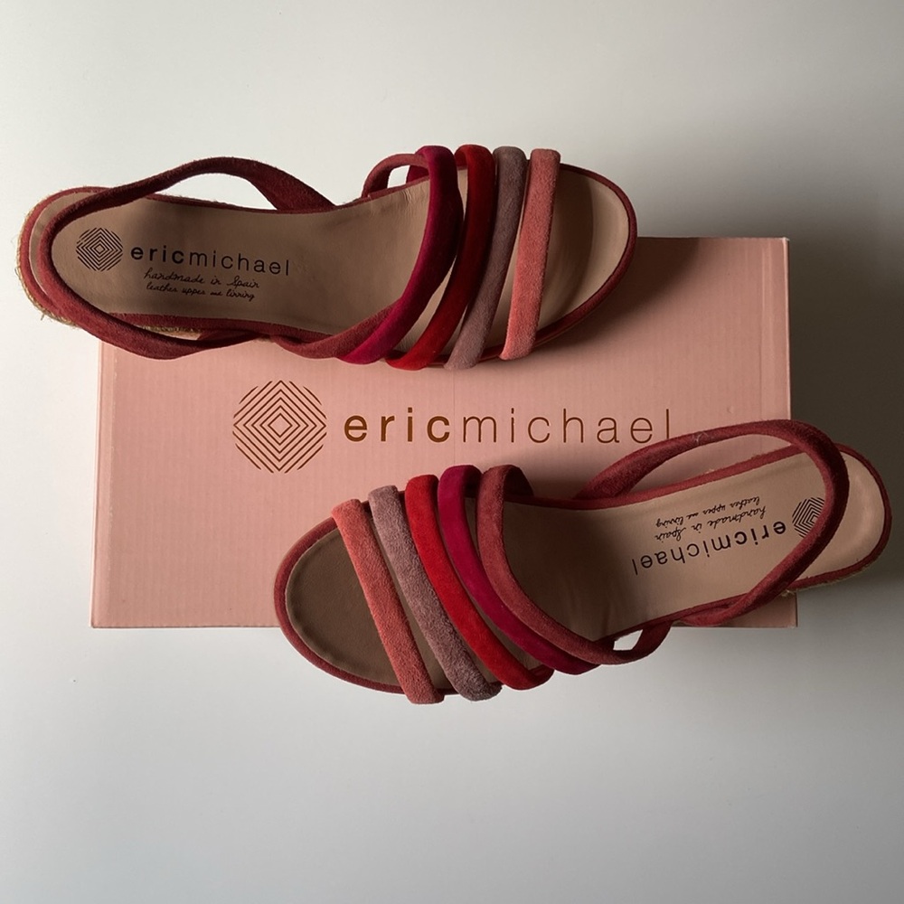 New! Eric Michael Elva Espadrilles Suede Red Multi Sandal Spain Women size 37